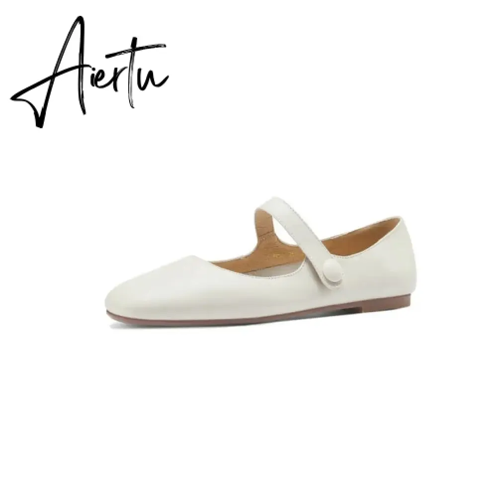 Aiertu Flat Heels Retro Square Toe Genuine Leather Women Shoes Spring Autumn Hook&Loop Casual Female Flats Shoes Size 34-40