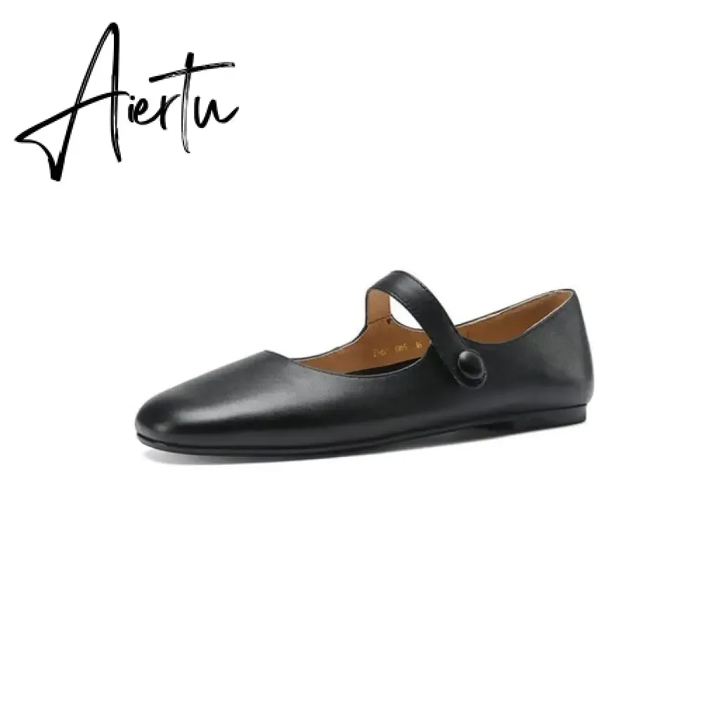 Aiertu Flat Heels Retro Square Toe Genuine Leather Women Shoes Spring Autumn Hook&Loop Casual Female Flats Shoes Size 34-40