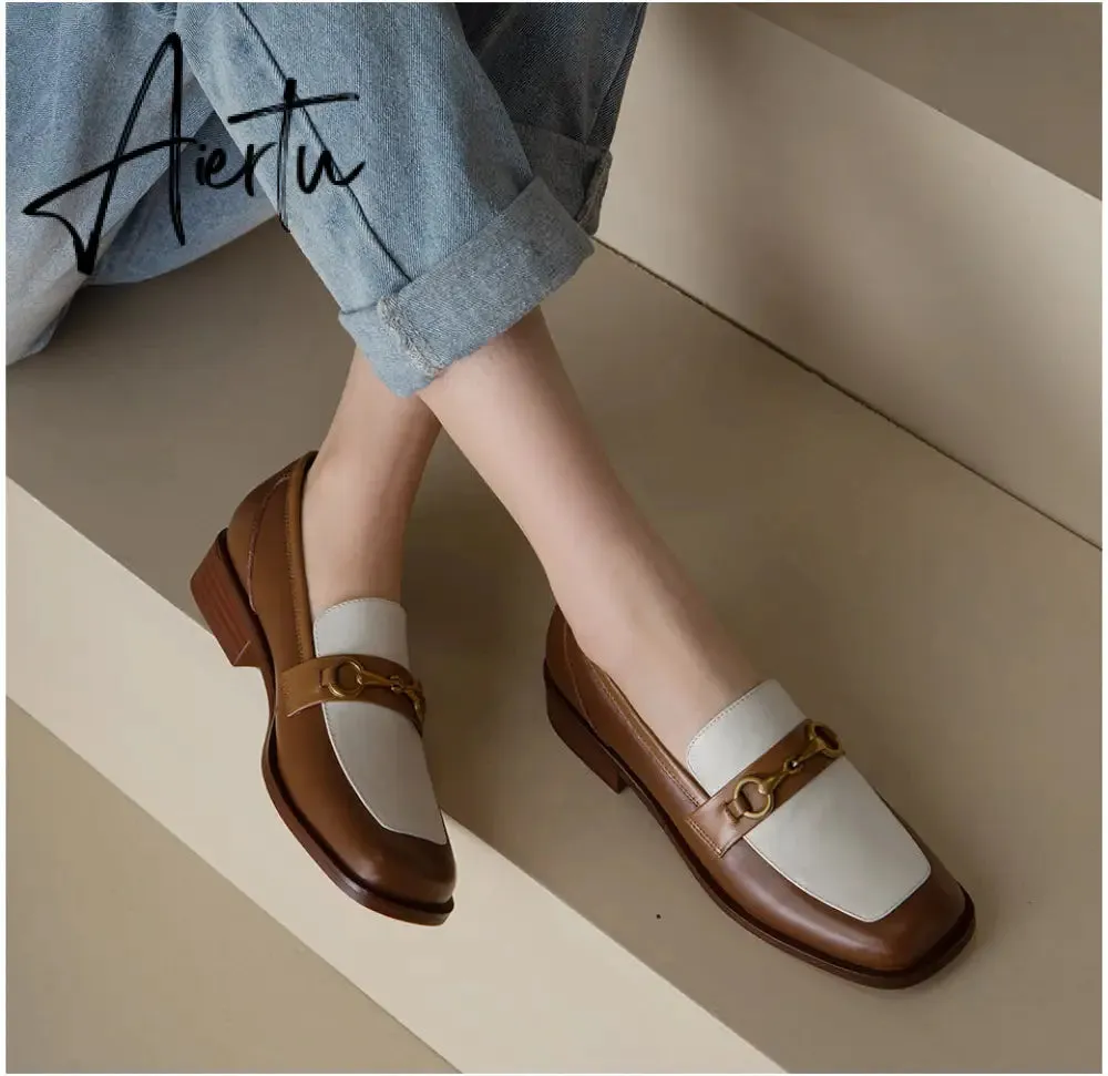 Aiertu Penny Loafers Women Genuine Leather Color Block Slip On Square Toe Metal Decoration Flats Ladies Shoes