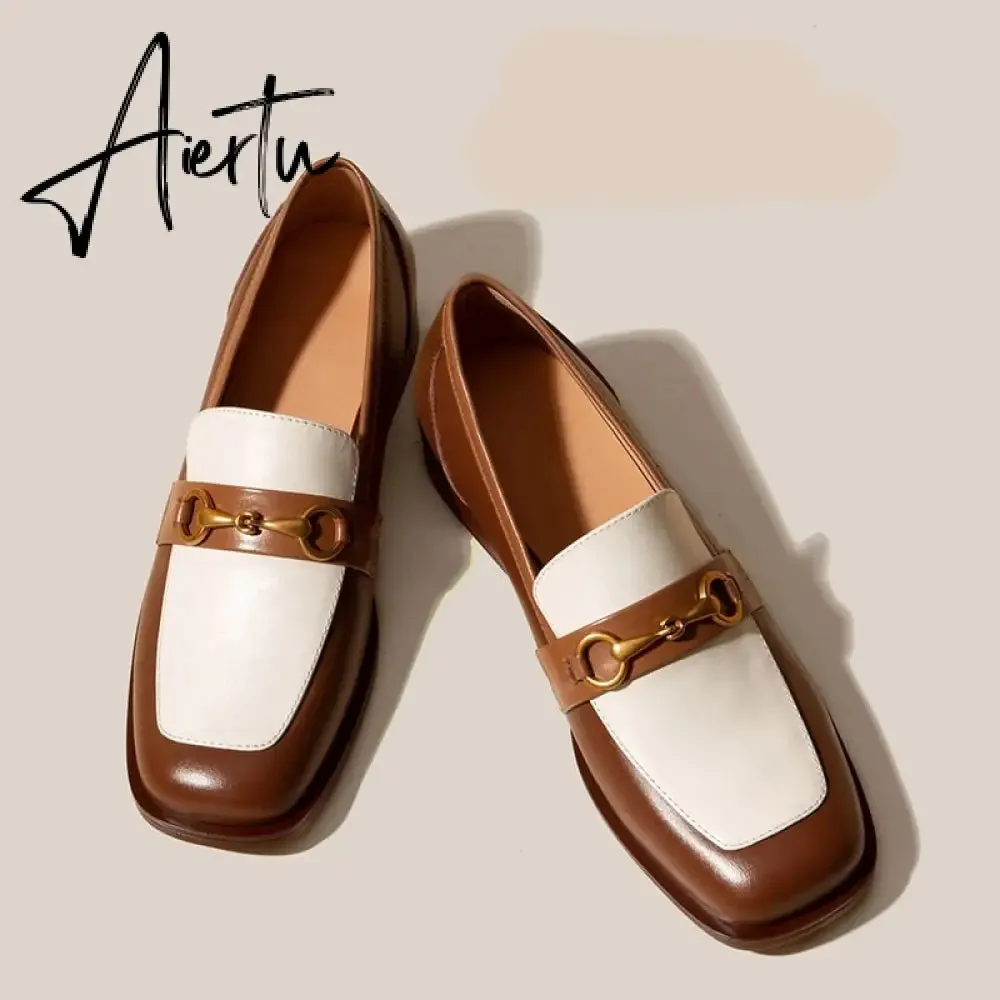 Aiertu Penny Loafers Women Genuine Leather Color Block Slip On Square Toe Metal Decoration Flats Ladies Shoes