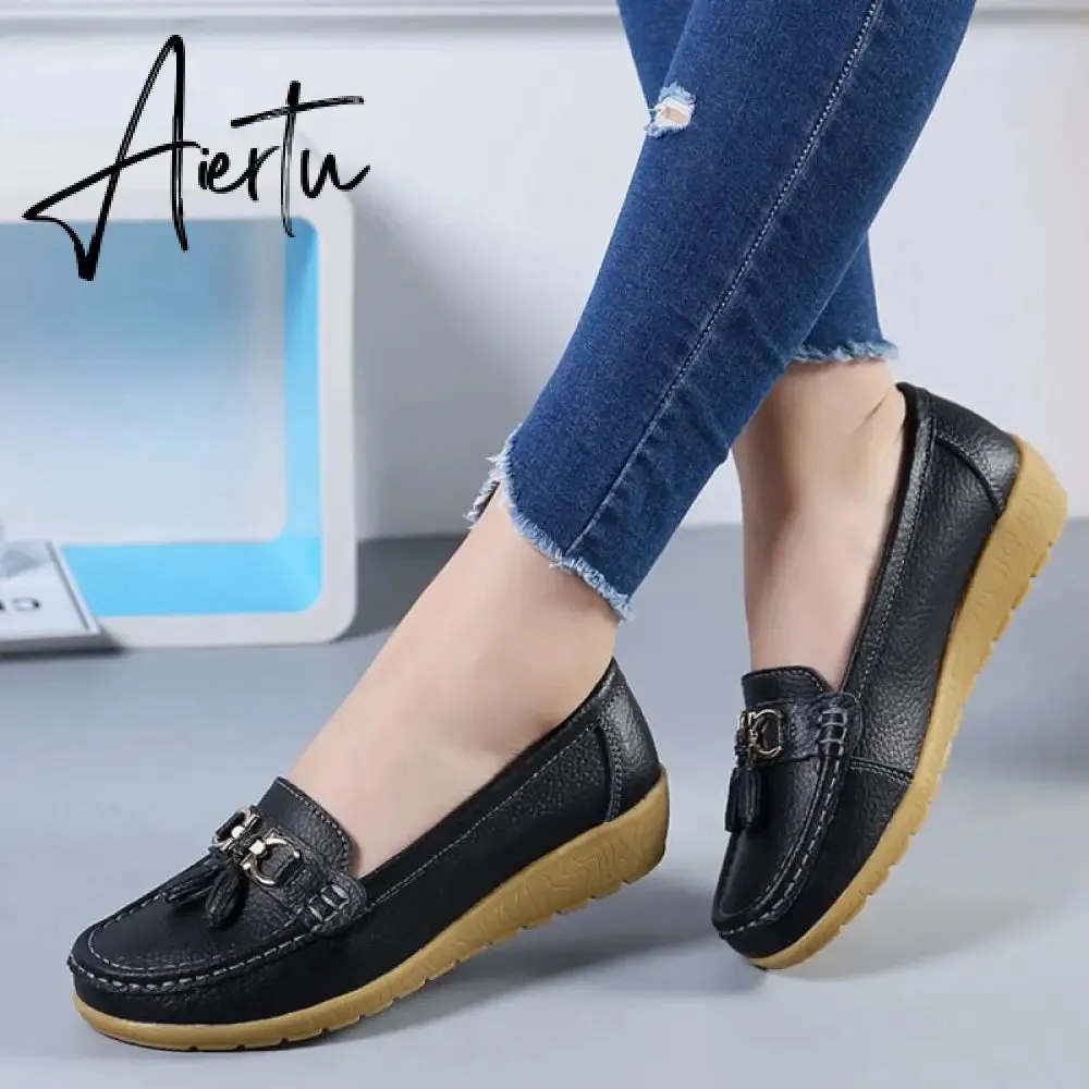 Aiertu Women Flats Ballet Shoes Cut Out Leather Breathable Moccasins Women Boat Shoes Ballerina Ladies Casual Shoes