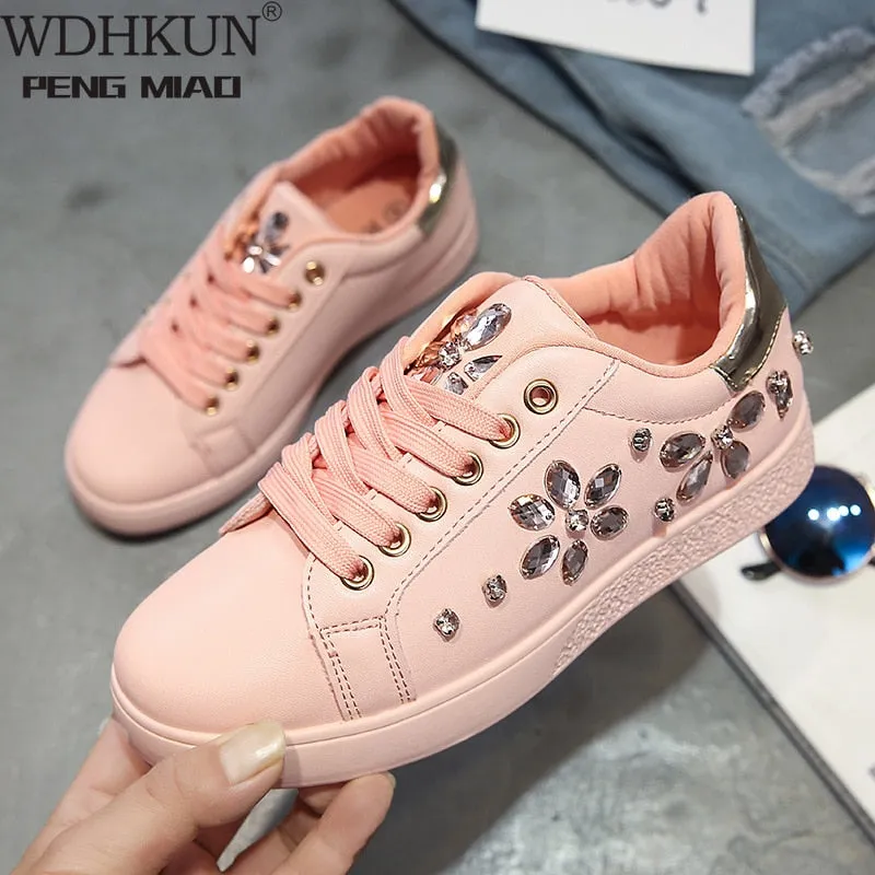 Amozae  2022 Fashion Sneakers Women Flats Rhinestone Woman Casual Shoes Soft Women's Sneakers Ladies Brand Shoes Pink Black White