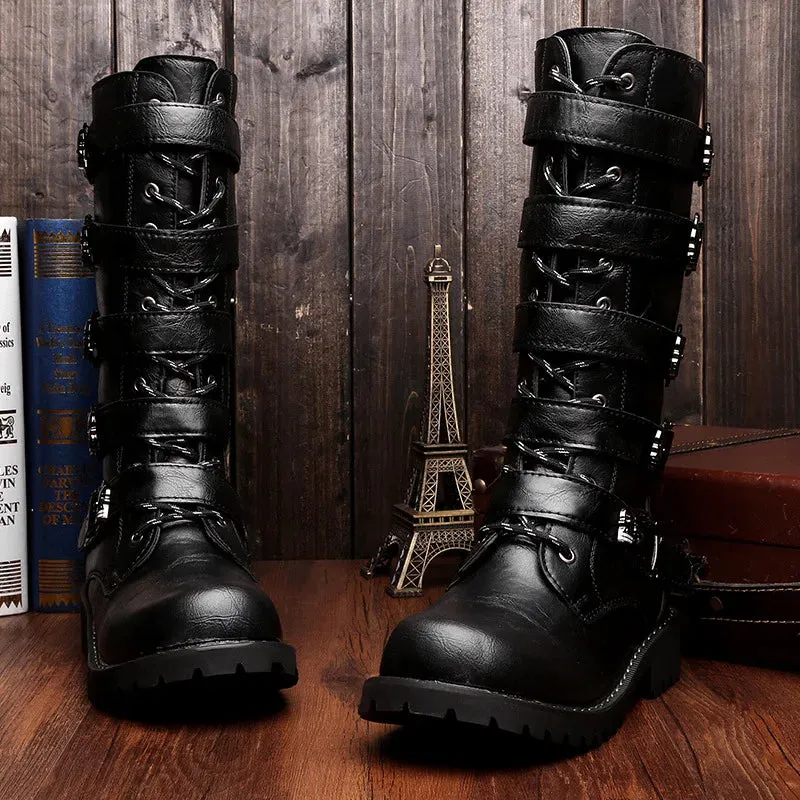 Amozae-New Men's Leather Motorcycle Boots Military Boots Gothic Belt Punk Boots Men's Shoes Outdoor Tactical Military Boots