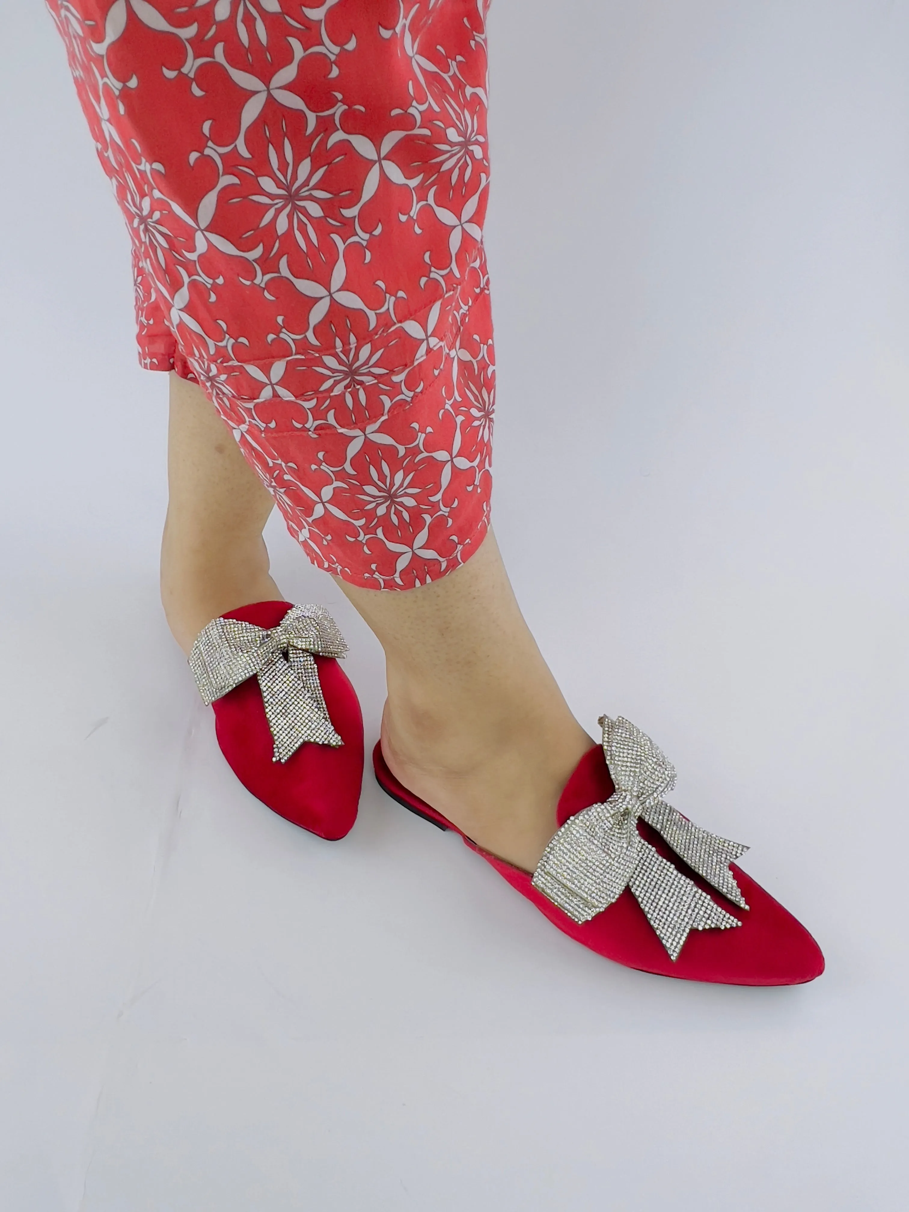 Annabel Red Open Toe Luxury Rhinestone Mules