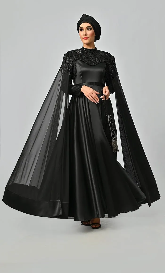 Arabian Queen Hand Embroidered Collar Satin Abaya With Intricate Tassel Details - Final Sale