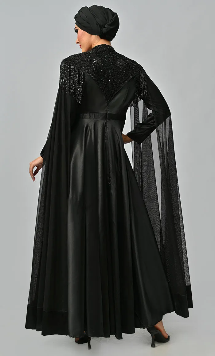 Arabian Queen Hand Embroidered Collar Satin Abaya With Intricate Tassel Details - Final Sale