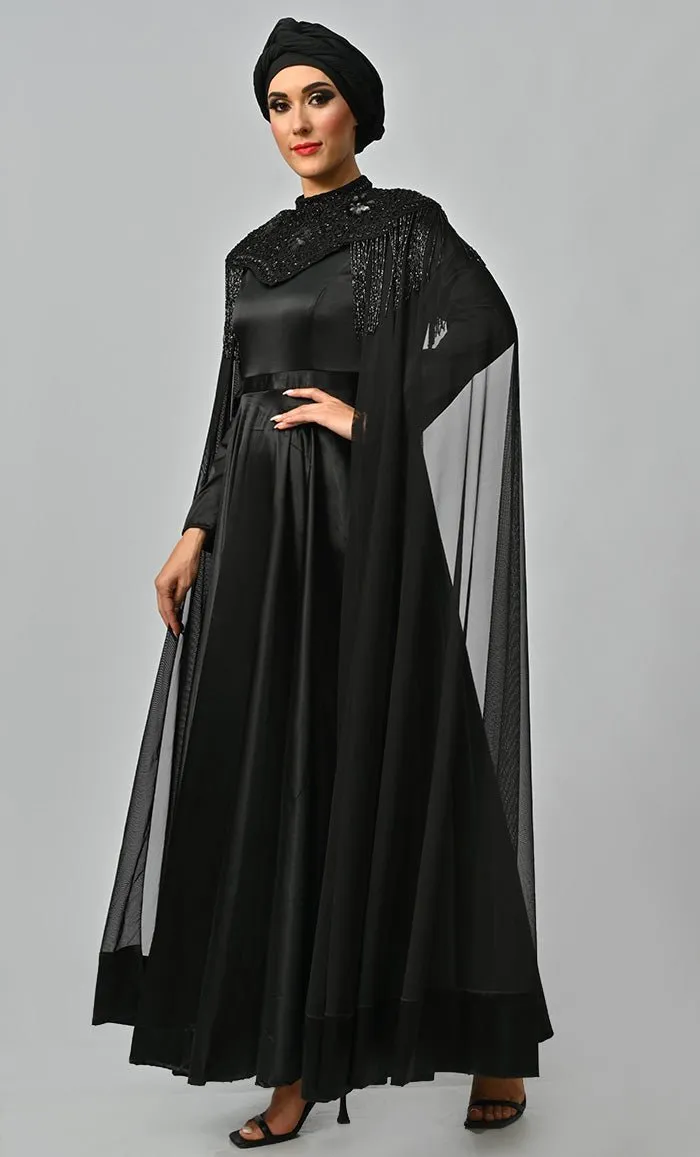 Arabian Queen Hand Embroidered Collar Satin Abaya With Intricate Tassel Details - Final Sale