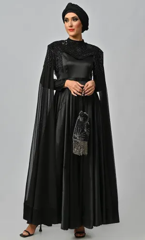 Arabian Queen Hand Embroidered Collar Satin Abaya With Intricate Tassel Details - Final Sale