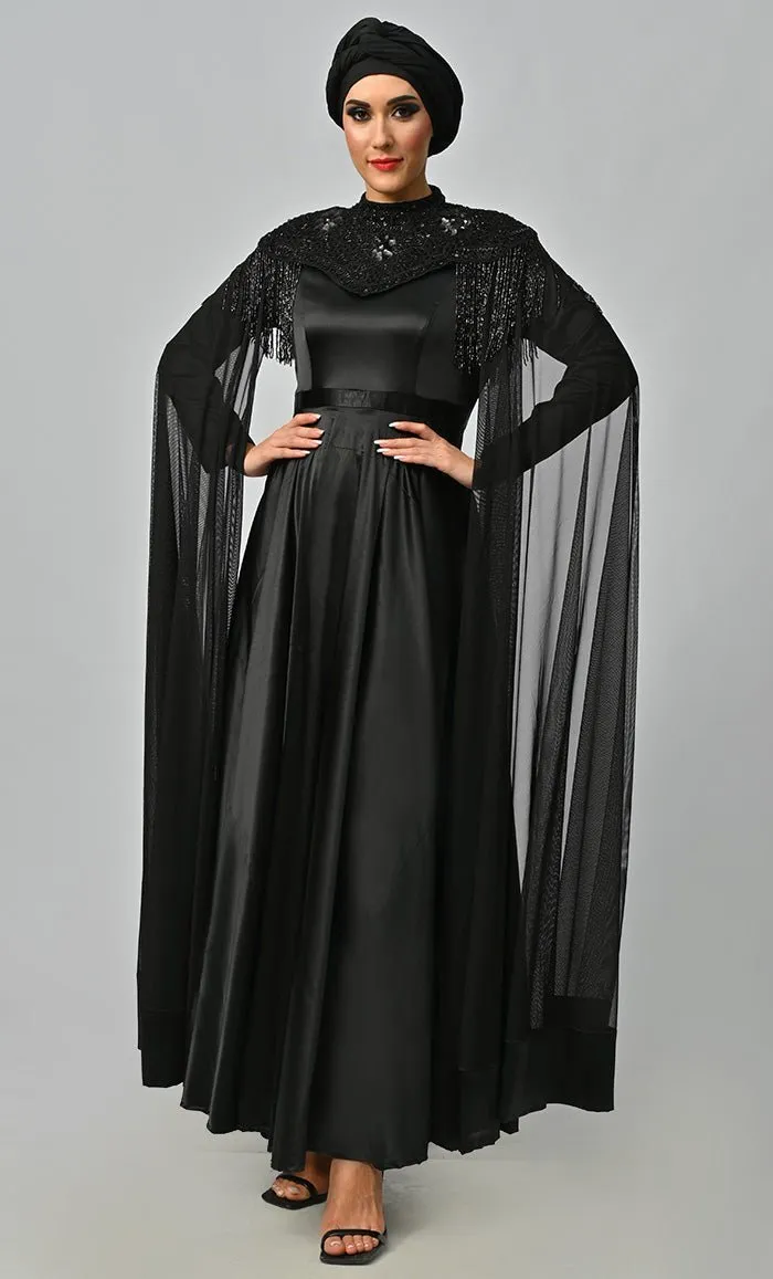 Arabian Queen Hand Embroidered Collar Satin Abaya With Intricate Tassel Details - Final Sale