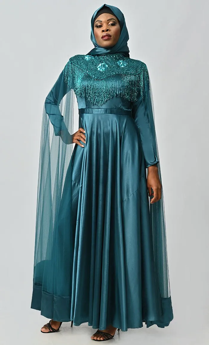 Arabian Queen Hand Embroidered Collar Satin Abaya With Intricate Tassel Details