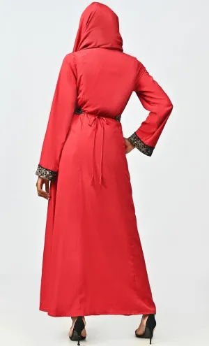 Arabic Women Moroccan Style Abaya With Hand Embroidery And Lace Detailing