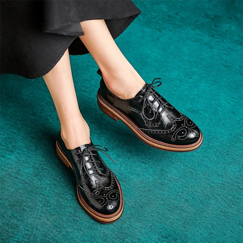 Autumn Chic Leather Brogue Lace-up Flats