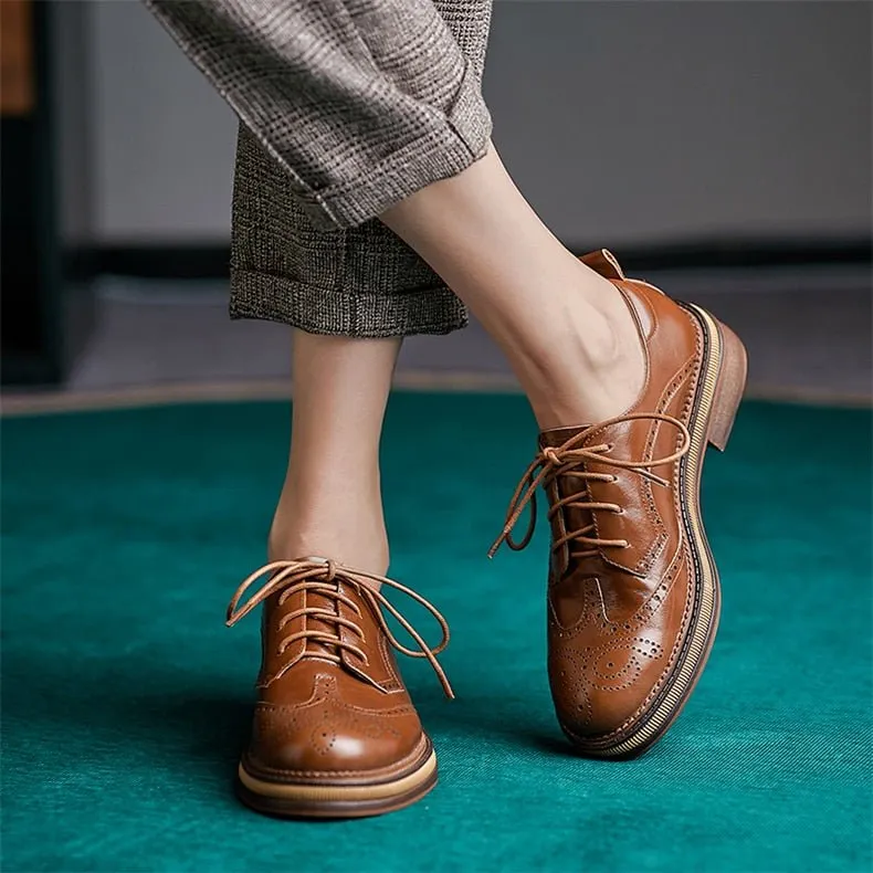 Autumn Chic Leather Brogue Lace-up Flats