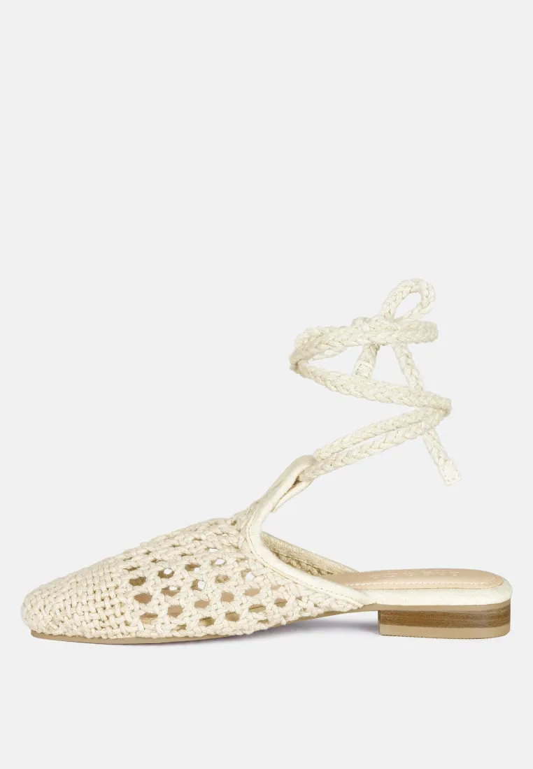 BARTSI Off White Handwoven Tie Up Flat Mules