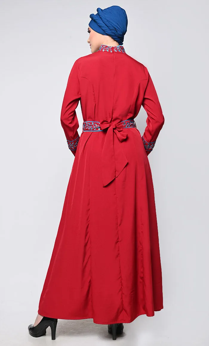 Beautiful Red Contrasted Embellished Squins Work In Front Pannel And On Sleeves Abaya With Embellished Stones Belt