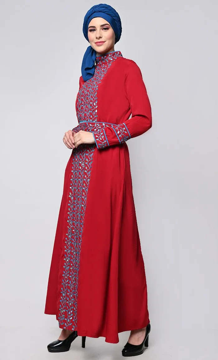 Beautiful Red Contrasted Embellished Squins Work In Front Pannel And On Sleeves Abaya With Embellished Stones Belt