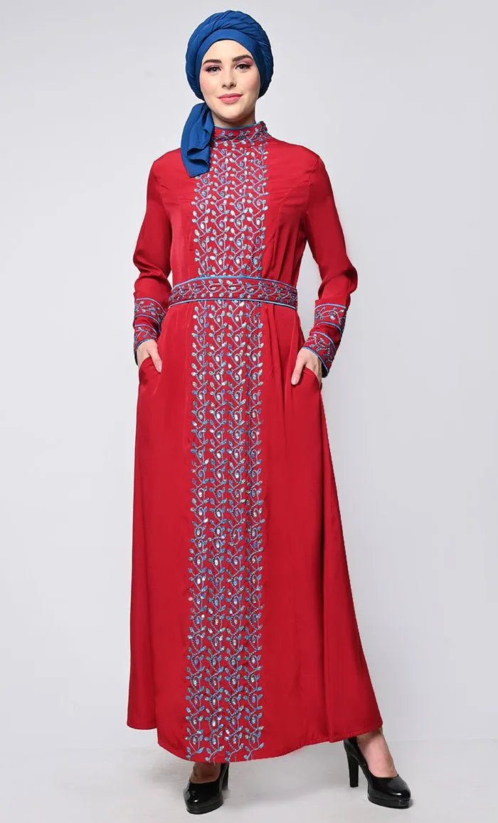 Beautiful Red Contrasted Embellished Squins Work In Front Pannel And On Sleeves Abaya With Embellished Stones Belt