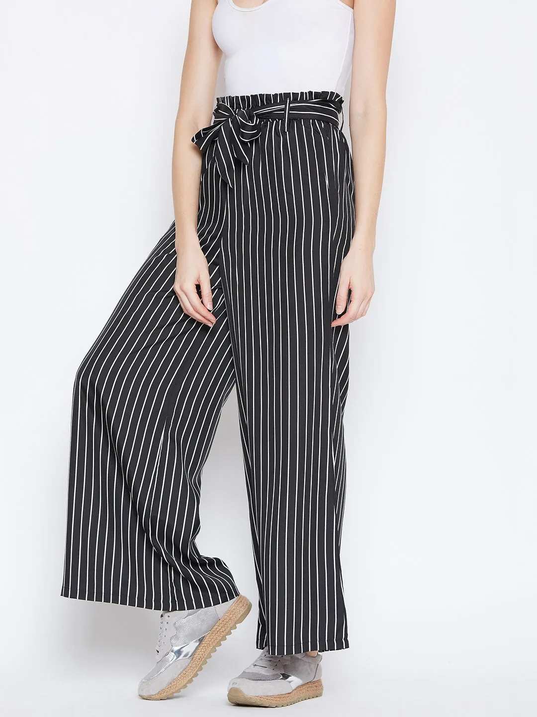 Berrylush Women Black & White Striped Pattern Waist Tie-Up Mid-Rise Trousers