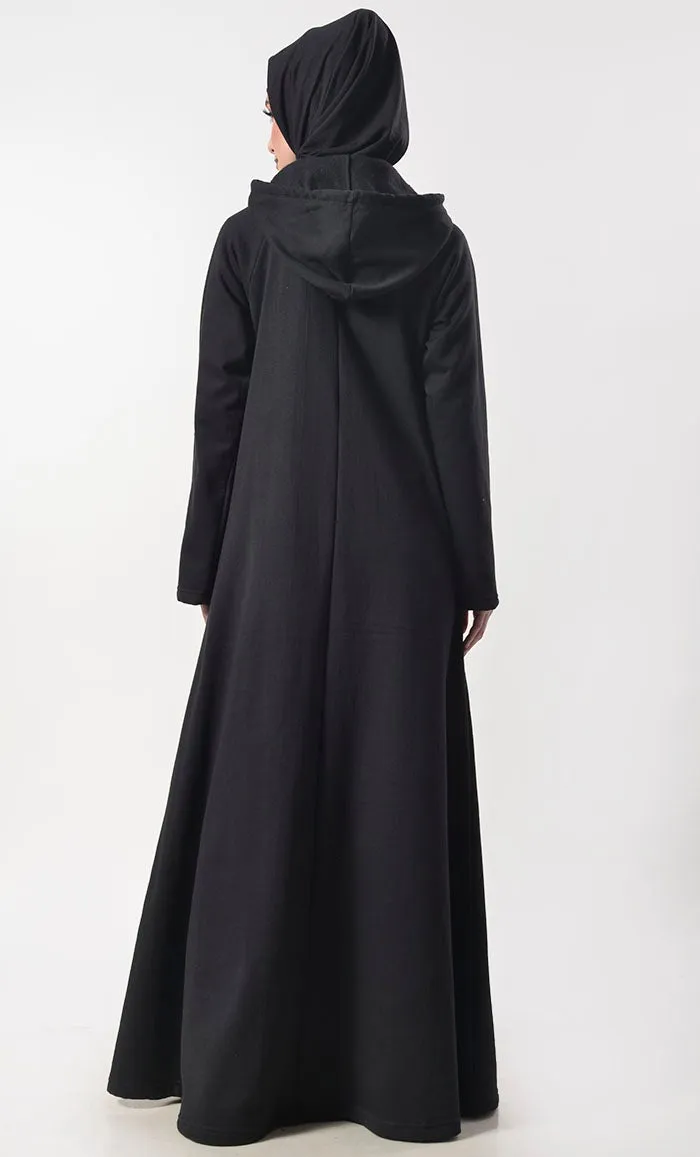 Black Fleece Warm Hoody Abaya With Pockets