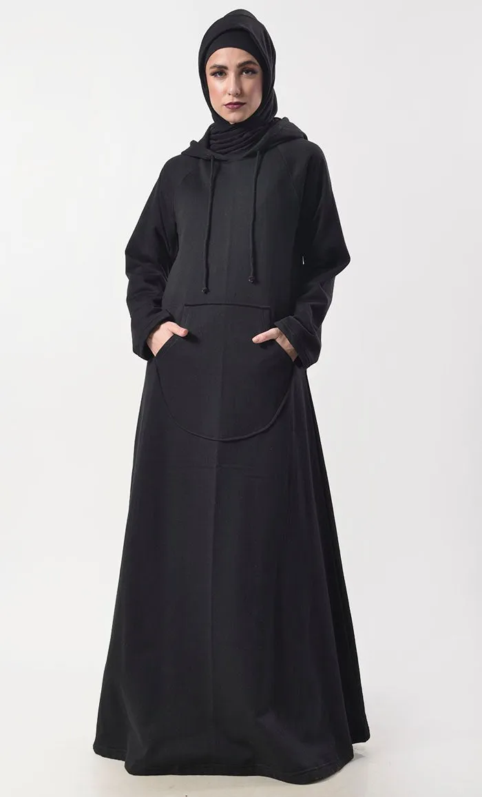 Black Fleece Warm Hoody Abaya With Pockets