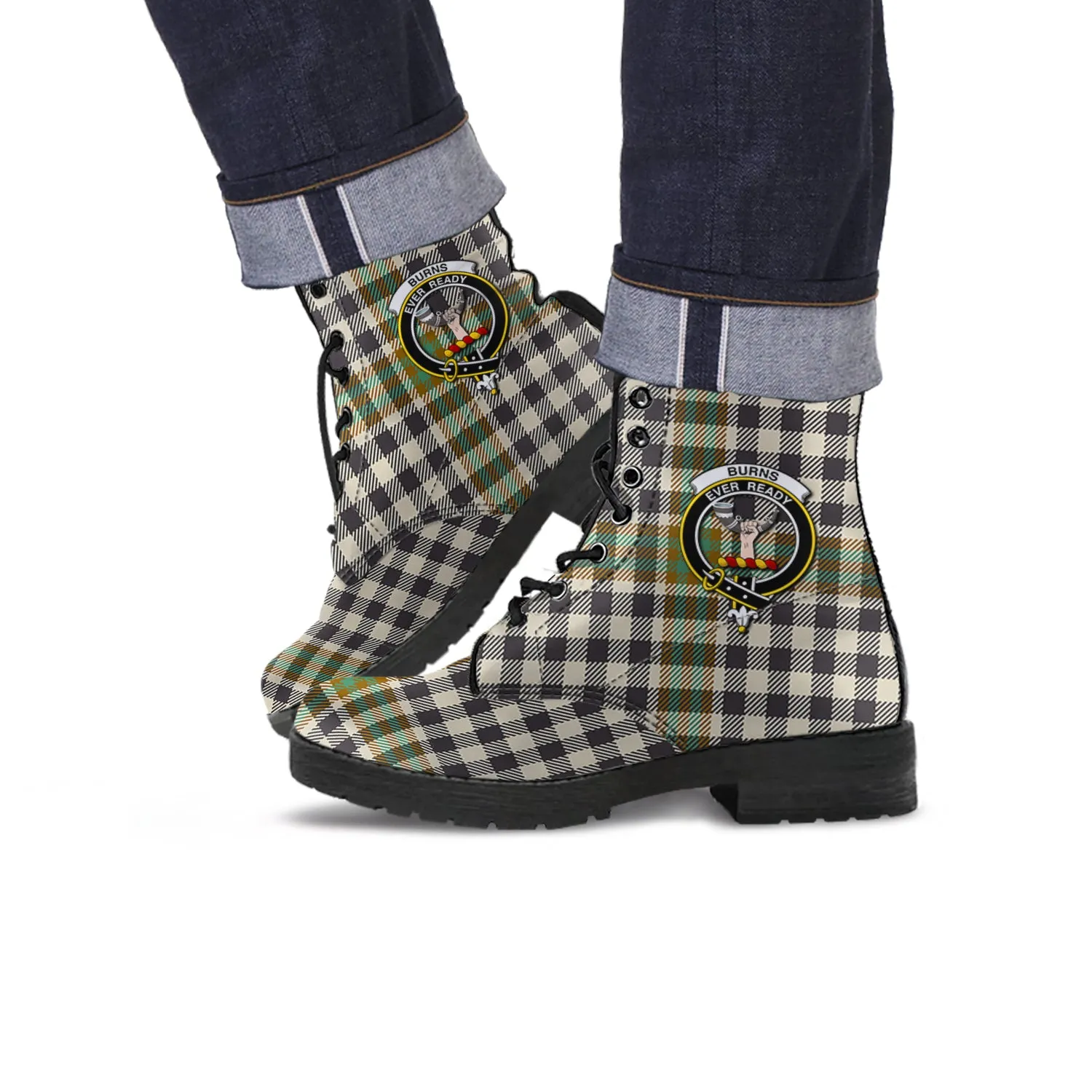 Burns Check Tartan Leather Boots with Family Crest