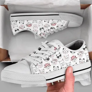 Cat Lover Low Top Shoes - White Canvas Shoes, Cat Canvas Shoes