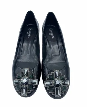 Chanel  Contemporary Black Patent Slippers with Jeweled Embellishment