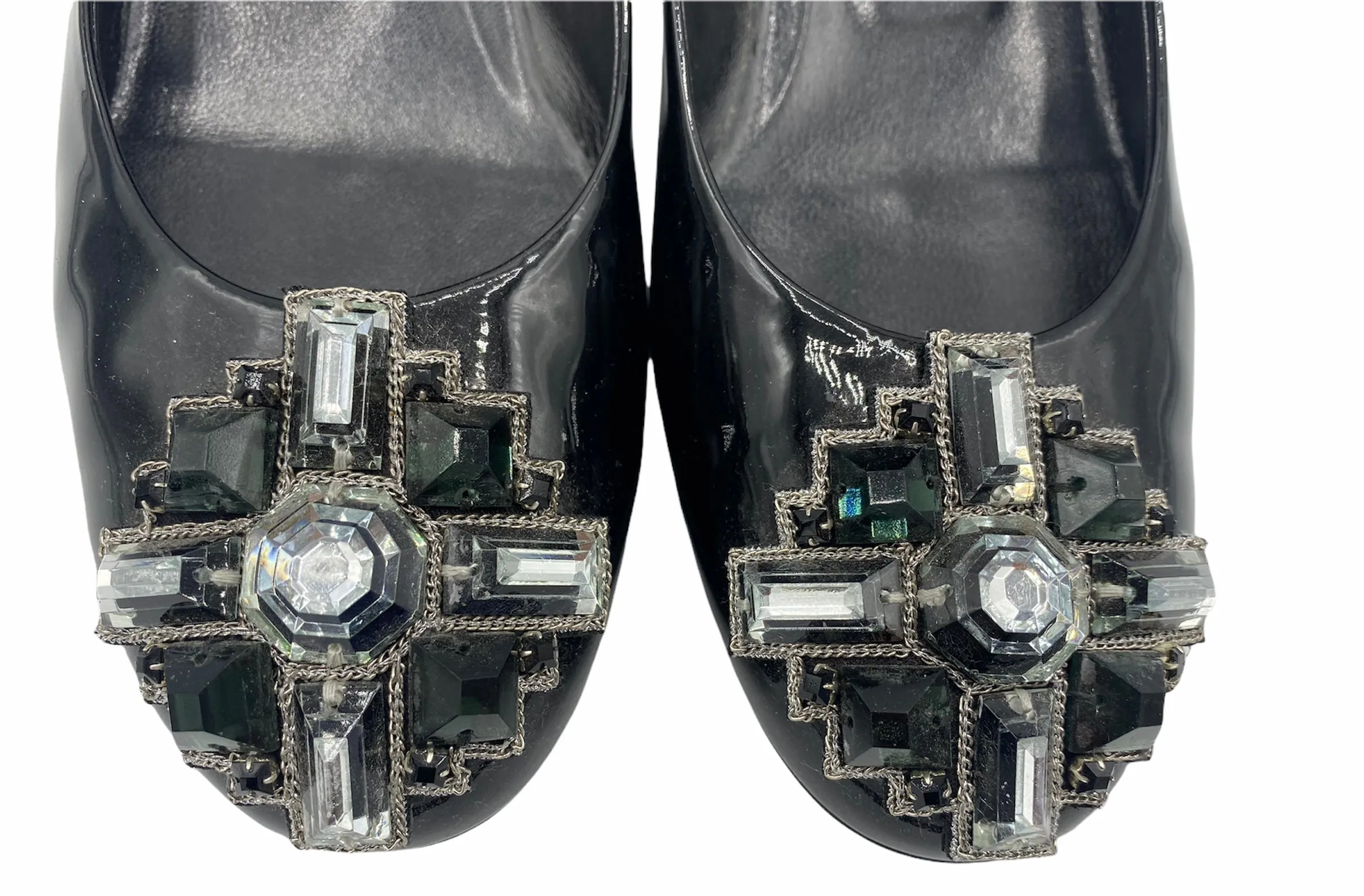 Chanel  Contemporary Black Patent Slippers with Jeweled Embellishment