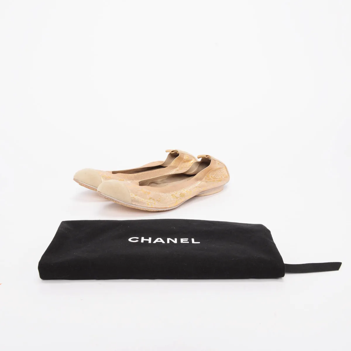 Chanel Gold Jacquard & Suede Scrunch Flats