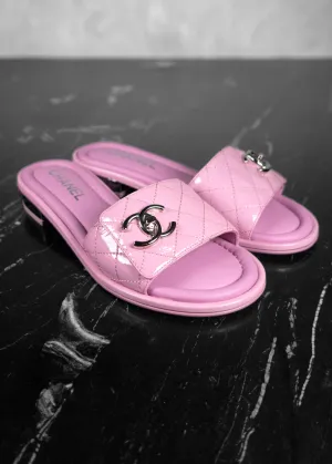 Chanel Patent Goatskin Quilted CC Mules Sandals