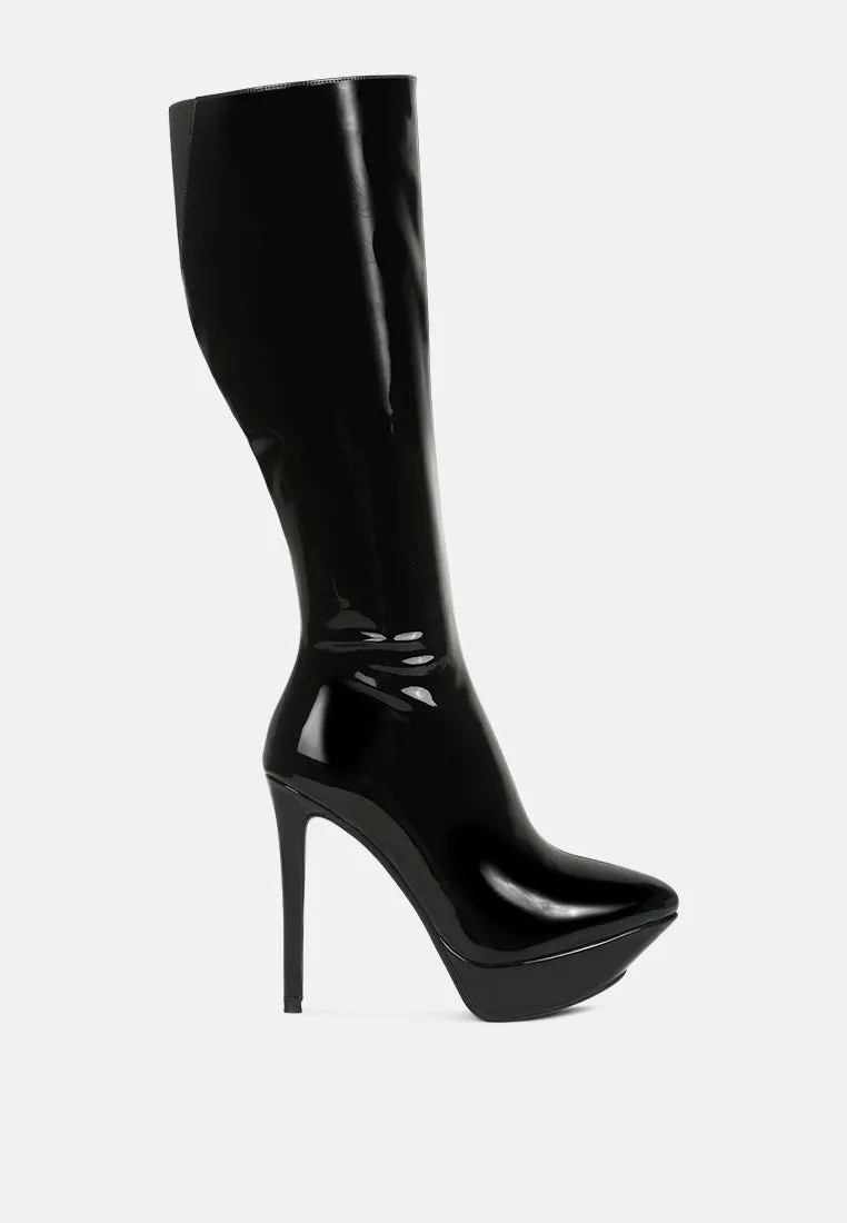 CHATTON Black Patent Stiletto High Heeled Calf Boots