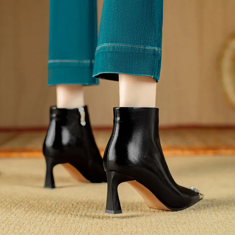 Chic Cow Leather Square Toe High Heeled Boots