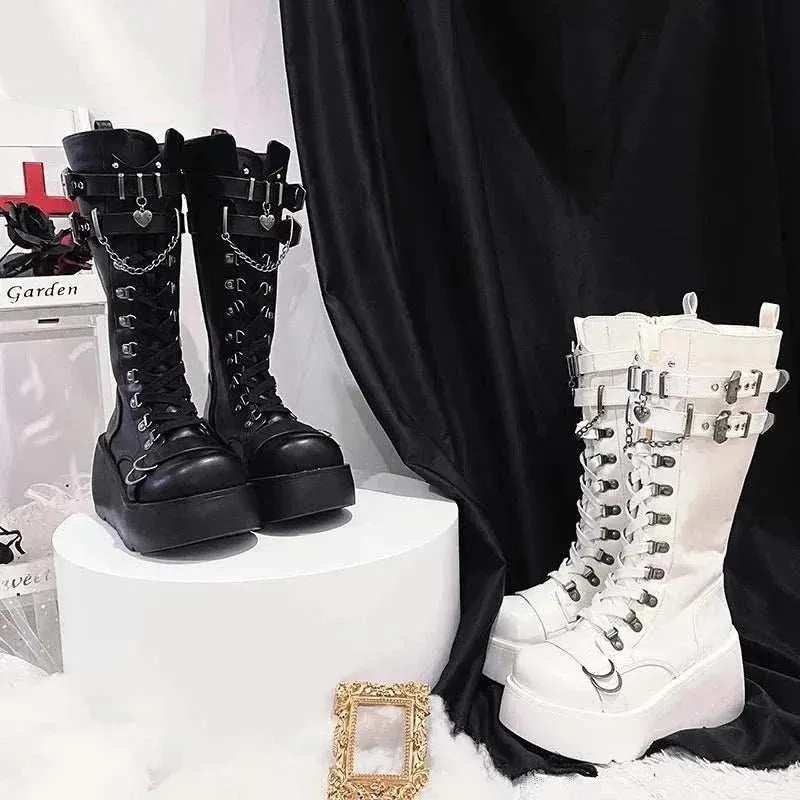 Chunky Boots Women - Metal Buckle Platform Boots, Wedges Cosplay Shoes