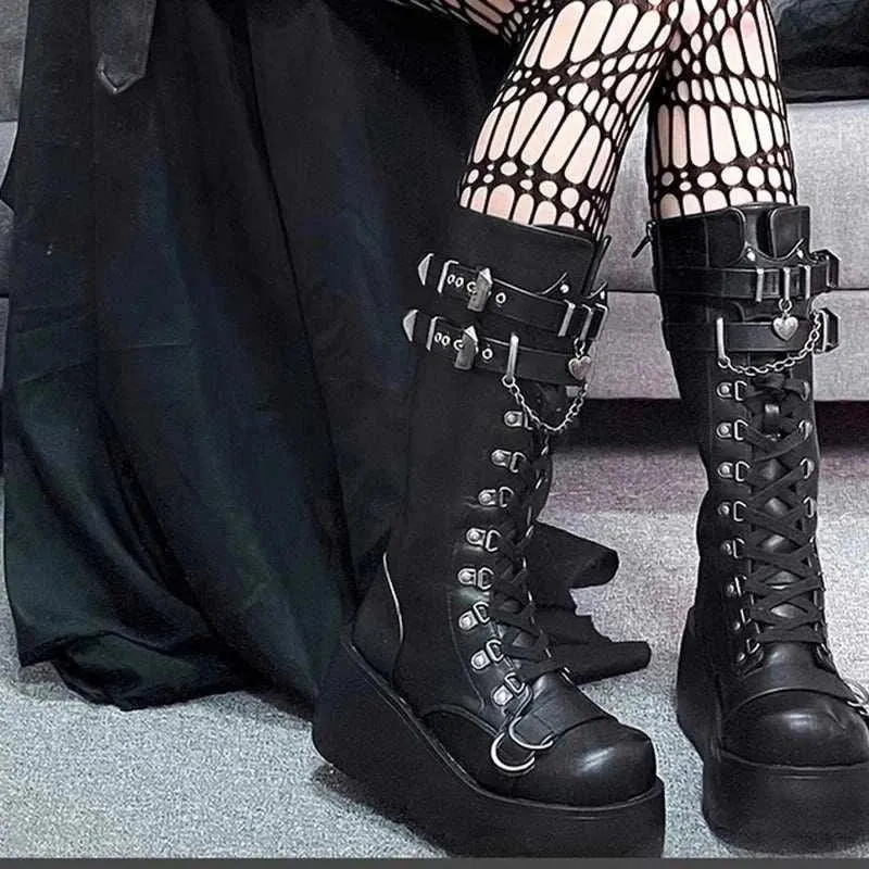 Chunky Boots Women - Metal Buckle Platform Boots, Wedges Cosplay Shoes