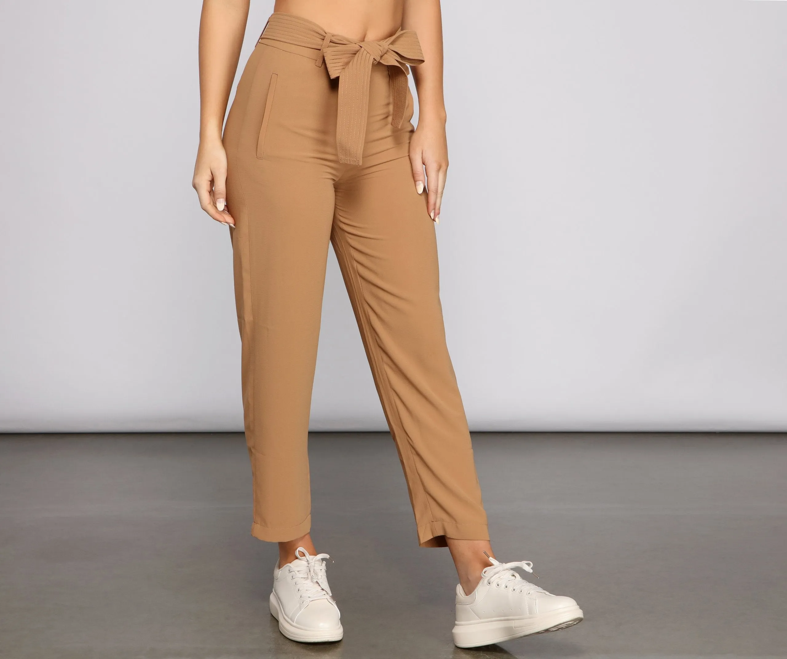 Classic High Waist Belted Tapered Pants