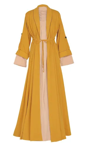 Comfy Everyday Wear Yellow Contrasted Double Layer Bisht And Lined Abaya