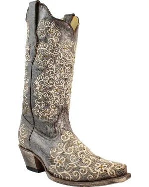 CORRAL Women's Grey Floral Embroidered Studs and Crystals Cowgirl Boot Snip Toe Grey