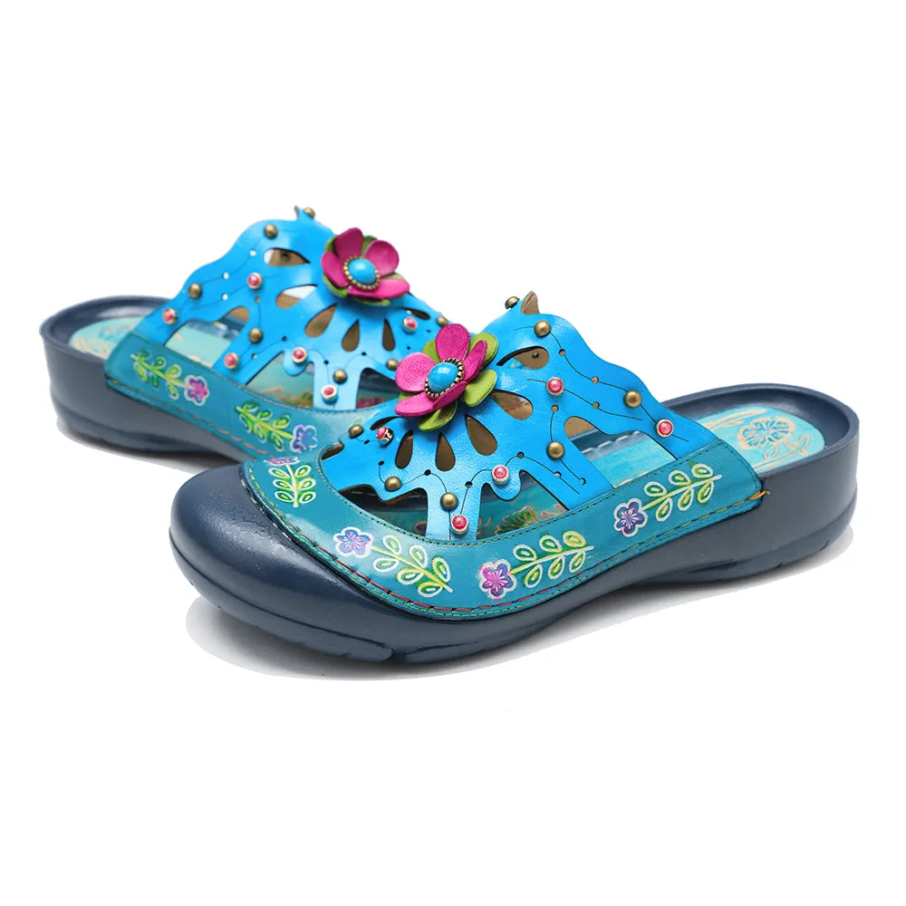 CrazycatZ Leather Clogs,Women Leather Bohemian Colorful Slide Sandal Mules Blue