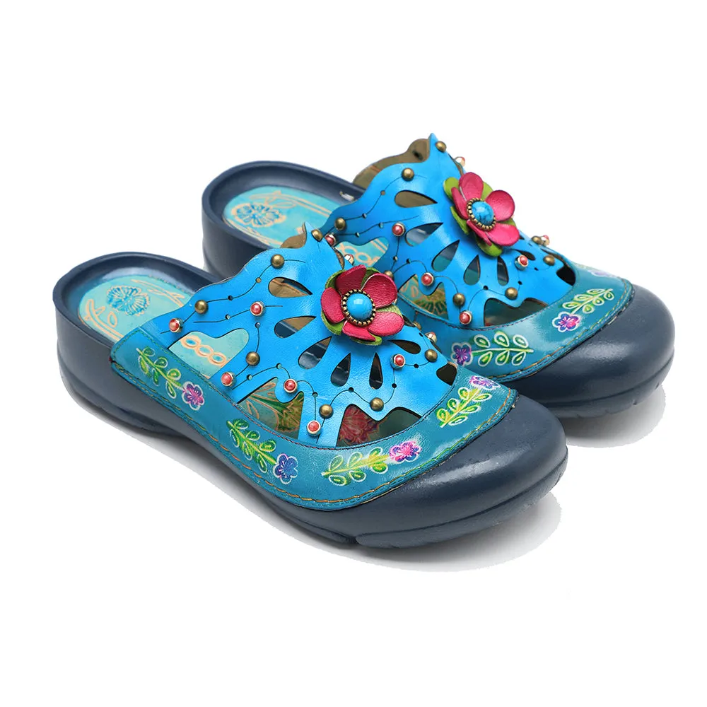 CrazycatZ Leather Clogs,Women Leather Bohemian Colorful Slide Sandal Mules Blue