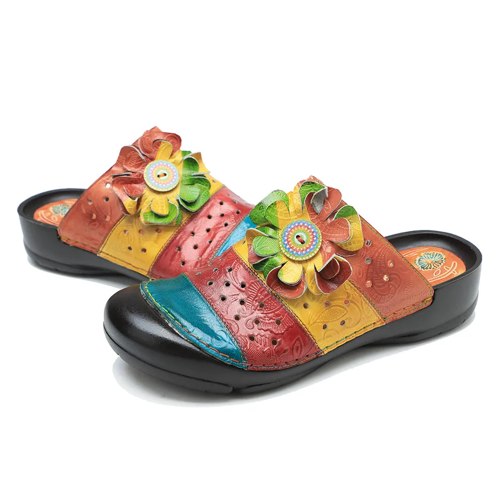 CrazycatZ Leather Clogs,Women Leather Bohemian Colorful Slide Sandal Mules Multi