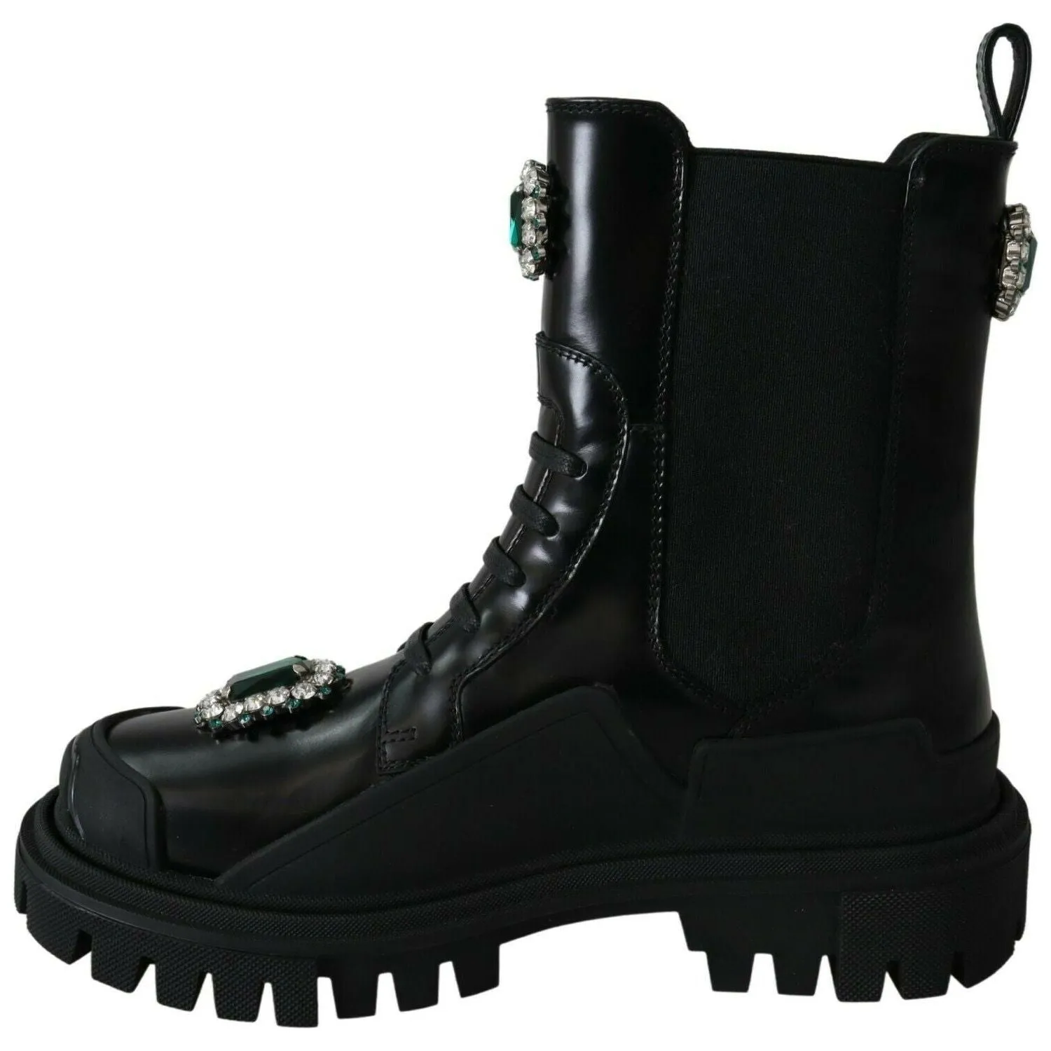 Dolce & Gabbana Elegant Black Leather Combat Boots with Crystal Detail