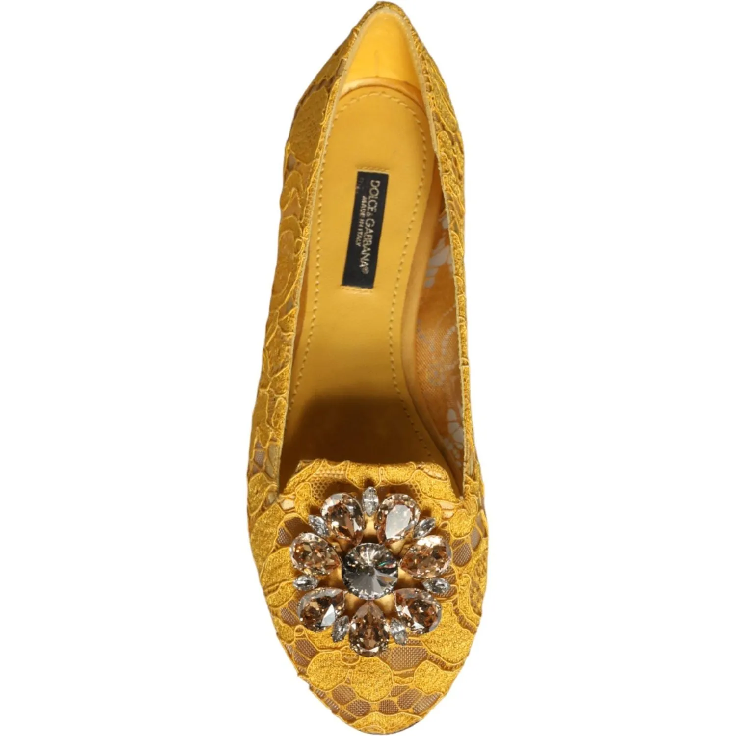 Dolce & Gabbana Mustard Lace Crystal Ballet Flats Loafer Shoes