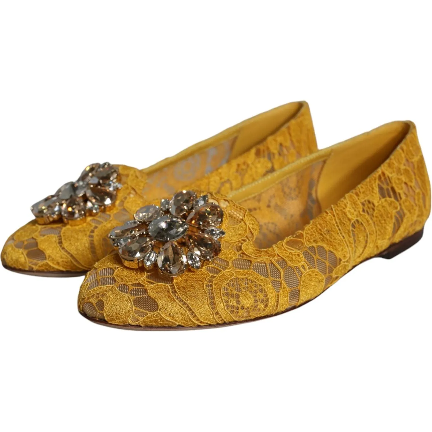 Dolce & Gabbana Mustard Lace Crystal Ballet Flats Loafer Shoes