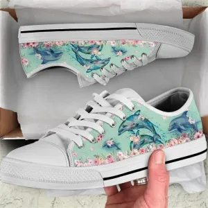 Dolphin Flower Watercolor Low Top Shoes, Animal Print Canvas Shoes, Print On Canvas Shoes