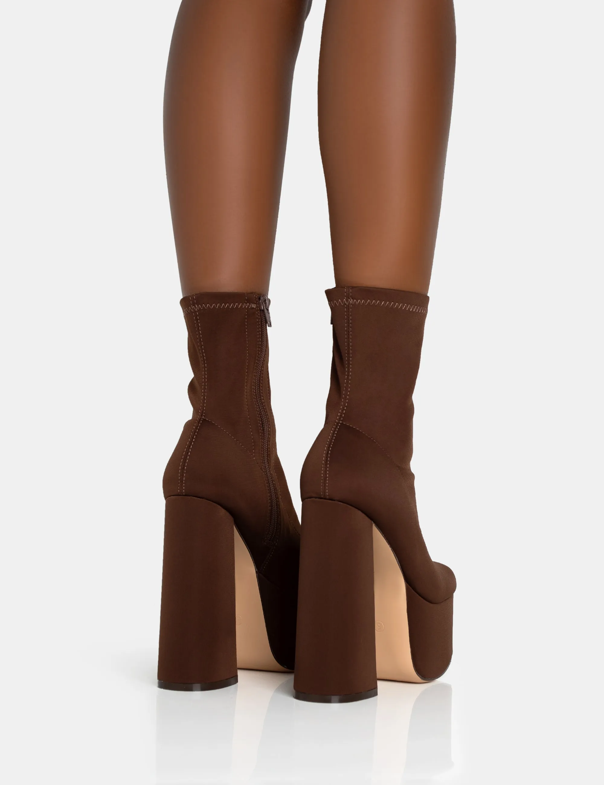 Dominate Chocolate Nylon Platform Rounded Block Heeled Ankle Boots