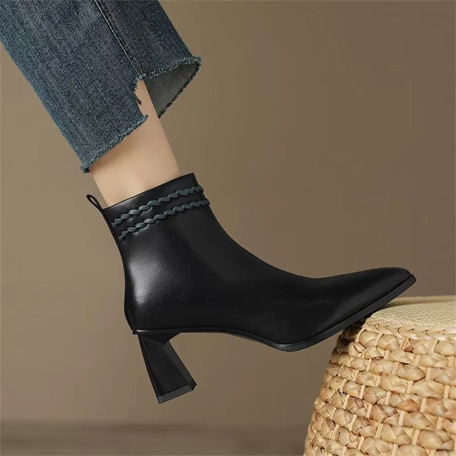 Elegant Cow Leather Pointed Toe Mid Ankle Boots