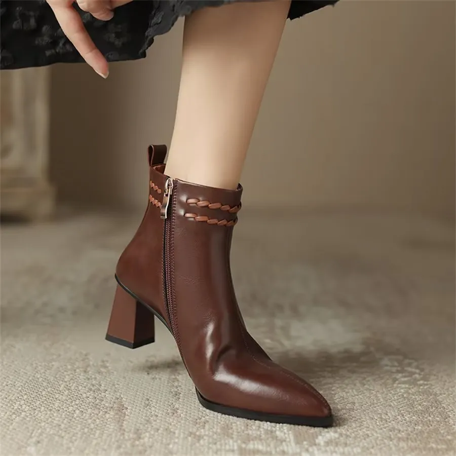 Elegant Cow Leather Pointed Toe Mid Ankle Boots