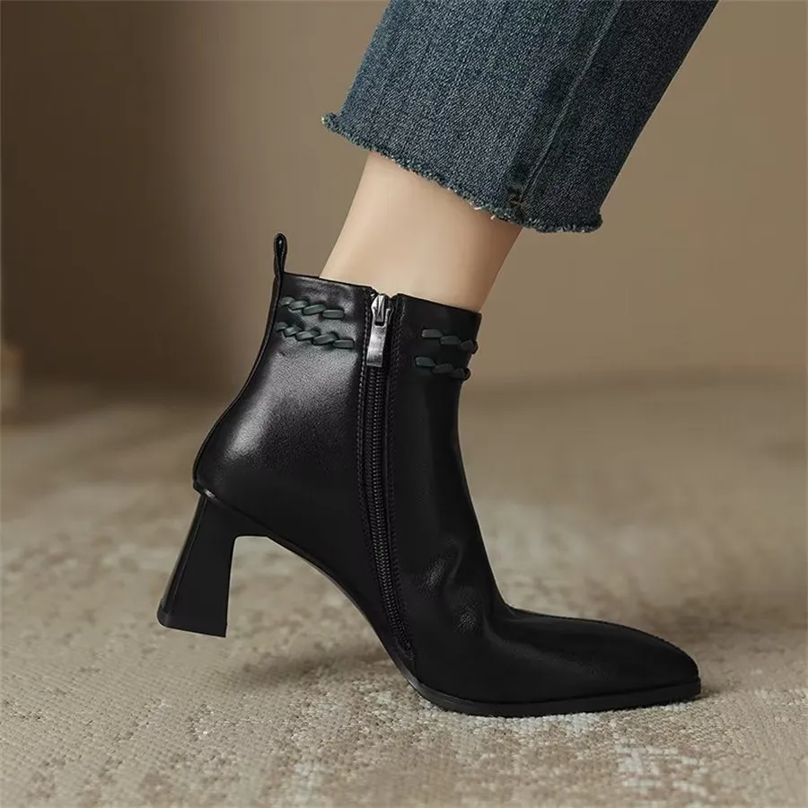 Elegant Cow Leather Pointed Toe Mid Ankle Boots