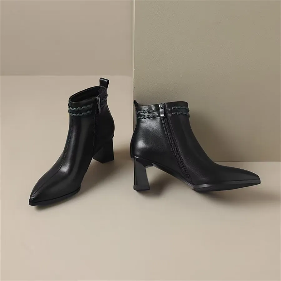 Elegant Cow Leather Pointed Toe Mid Ankle Boots