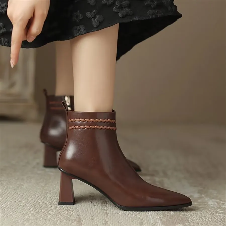 Elegant Cow Leather Pointed Toe Mid Ankle Boots